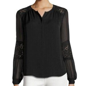 REBECCA TAYLOR Sarah Silk Lace-Panel Top in Black - Size 6 NWT